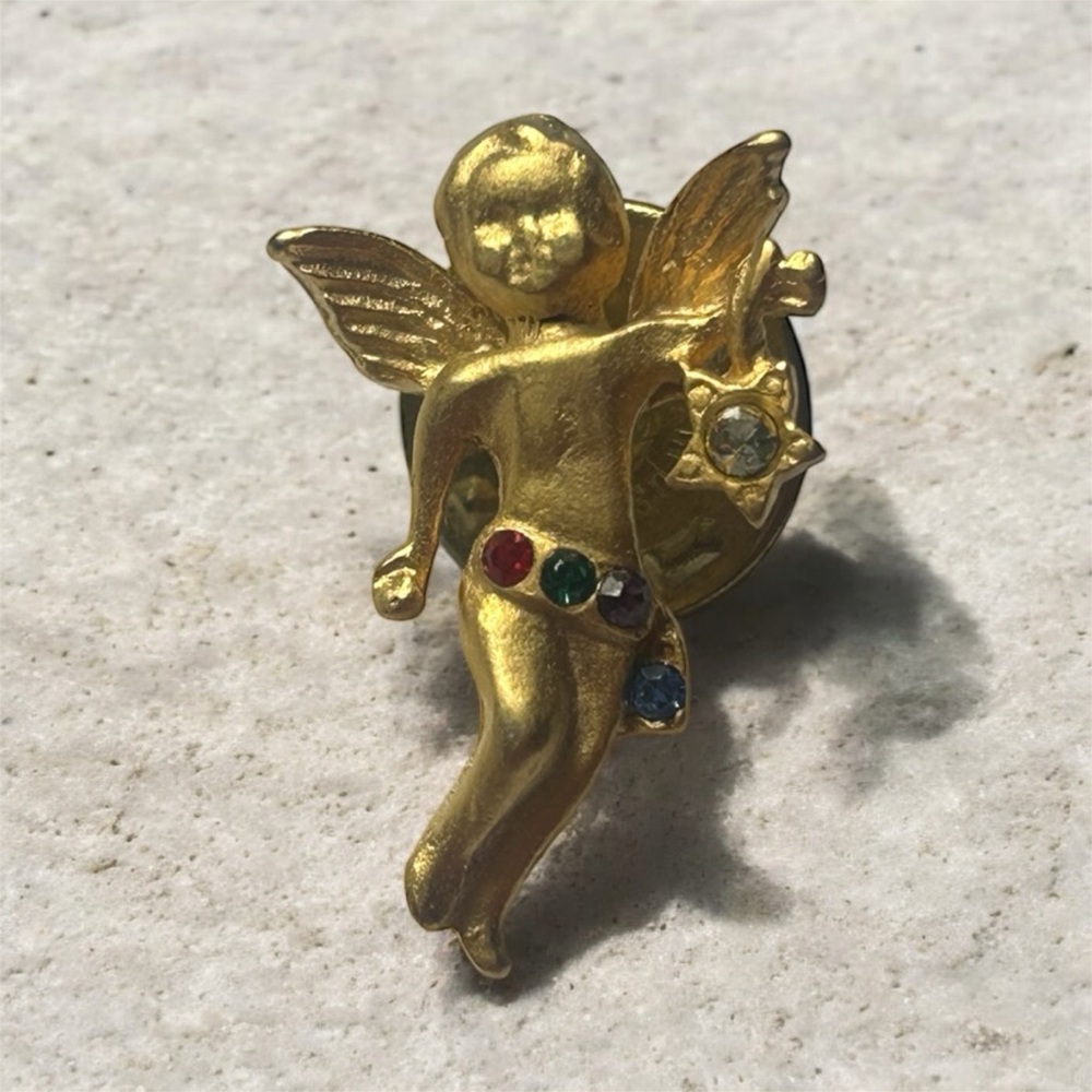 Vintage Gold Tone Angel Cherub Brooch Pin with Colorful Rhinestones